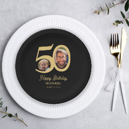 Prato De Papel Foto preta dourada de aniversário de 50 anos moder
