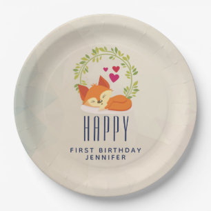 Prato De Papel Fox bonito da laranja com aniversário da grinalda