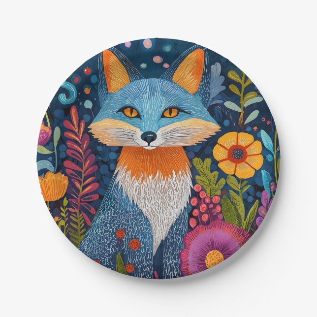 Prato De Papel Fox Dot Art Vibrante Em Meio À Flora Esbuvada (Frente)