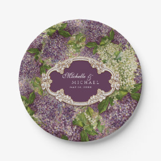 Prato De Papel Frame Dourado de Casamento de Lilacs bonito