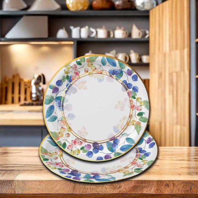 Prato De Papel Frames Dourados Elegantes Berries de Aquarela (Criador carregado)