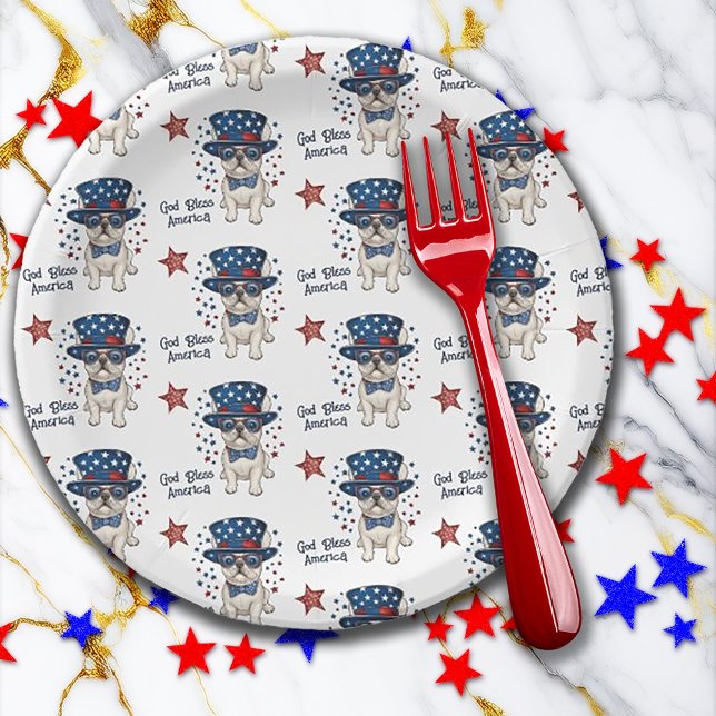 Prato De Papel Francês Buldogue Vermelho Branco Azul Whimsical Pa (French Bulldog Red White Blue Whimsical Patriotic Paper Plates)