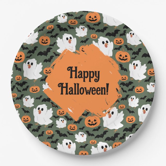 Prato De Papel Frangos Fantasmas Cute Spooky com Pumpkins e Bats (Frente)