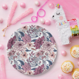 Prato De Papel Frangos roxos cor-de-rosa florais botânicos ardósi