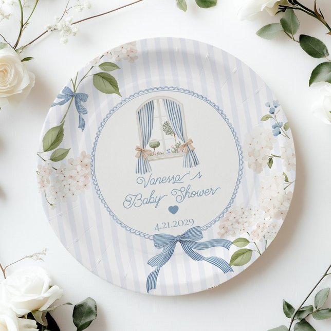 Prato De Papel French Nursery Baby Shower Blue Stripes Bow (Criador carregado)