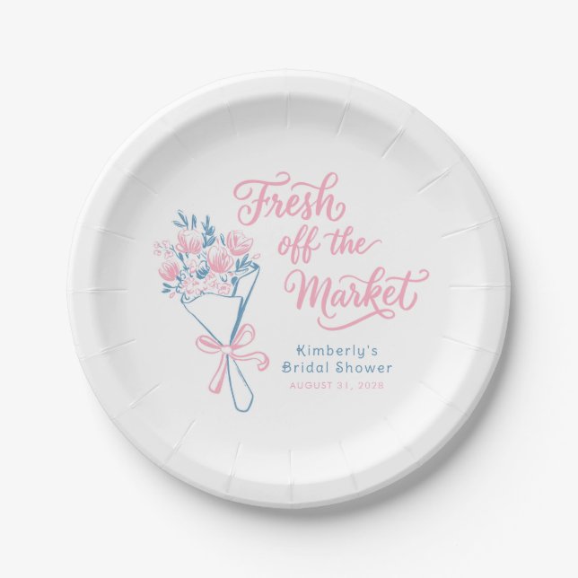 Prato De Papel Fresh Off The Market Dusty Blue Pink Bridal Shower (Frente)