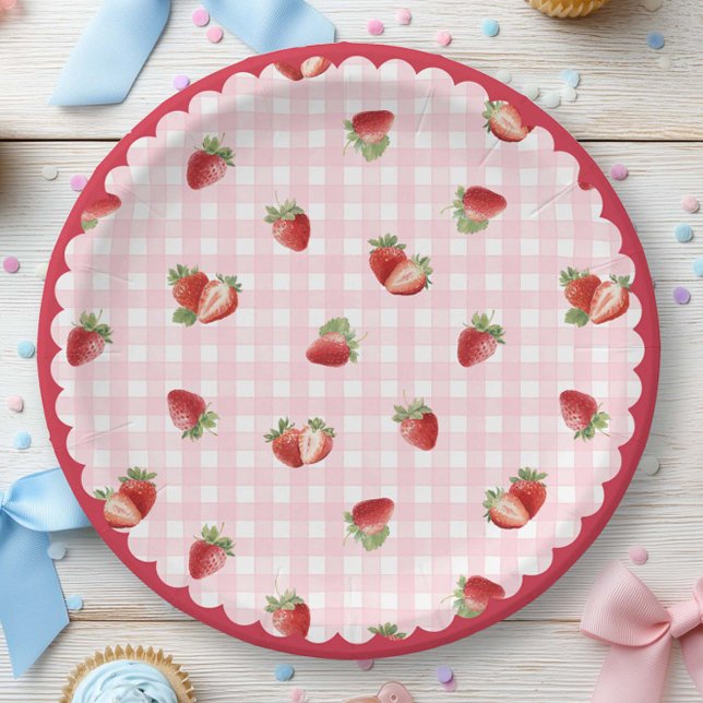 Prato De Papel Fresh Strawberry with Pink Gingham Pattern (Strawberry with pink gingham paper plate)