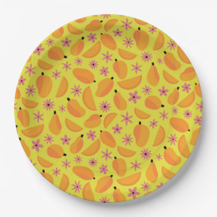 Prato De Papel Fruta de manga branca e padrão de flores