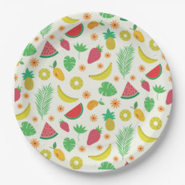 Prato De Papel Frutas de verão fofas e padrão de folhas tropicais