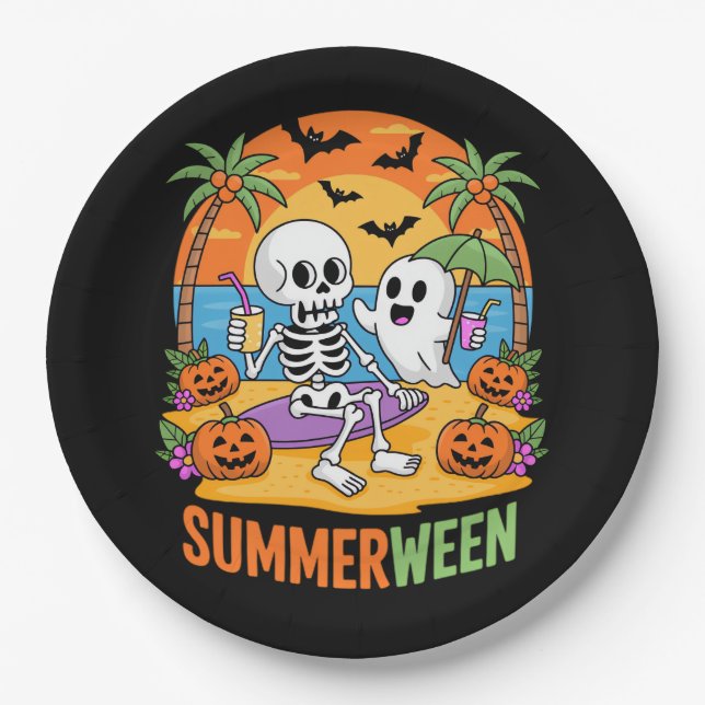 Prato De Papel Fu do Halloween de Summerwin Skeleton Ghost Beach (Frente)