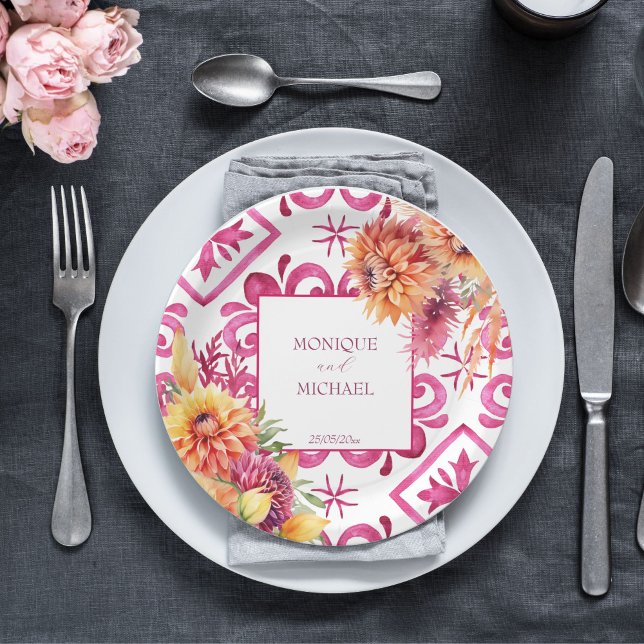 Prato De Papel Fuchsia Majolica azulejo dahlia laranja modelo (Fuchsia Majolica tiles orange dahlia template Paper Plates personalized wedding tableware decor)