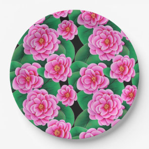 Prato De Papel Fuchsia Pink Camellias e Jade Green Folhas