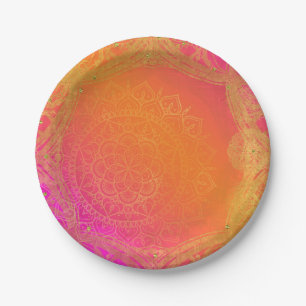 Prato De Papel Fuchsia Rosa Laranja e Dourado Mandala Festa India