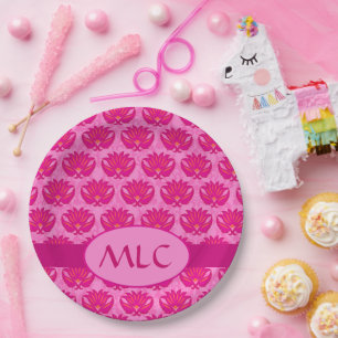 Prato De Papel Fuchsia Rosa Moderna Arte Nouveau Damask Monograma