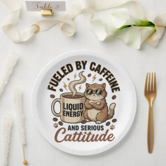 Prato De Papel Fueled by Caffeine and Serious Cattitude Funny Cat