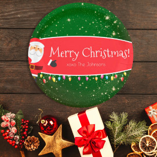 Prato De Papel  Fun Merry Christmas Santa Last Name Red and Green