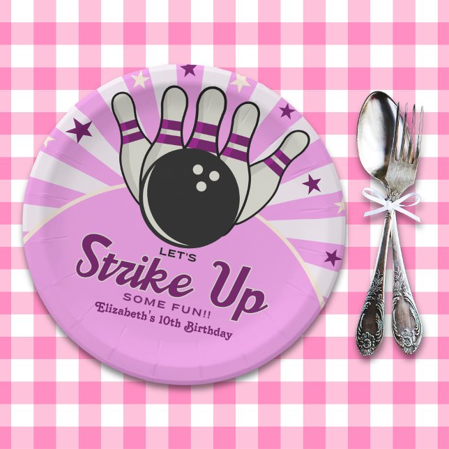 Prato De Papel Fun Retro Bowling Birthday Girl Party (Criador carregado)