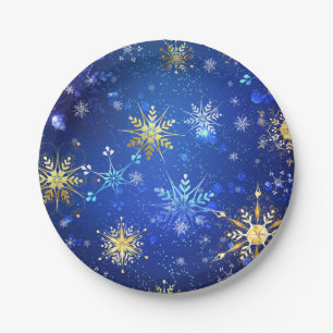 Prato De Papel Fundo Azul XMAS com Flocos de Neve Ouro