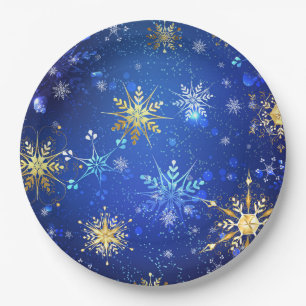 Prato De Papel Fundo Azul XMAS com Flocos de Neve Ouro
