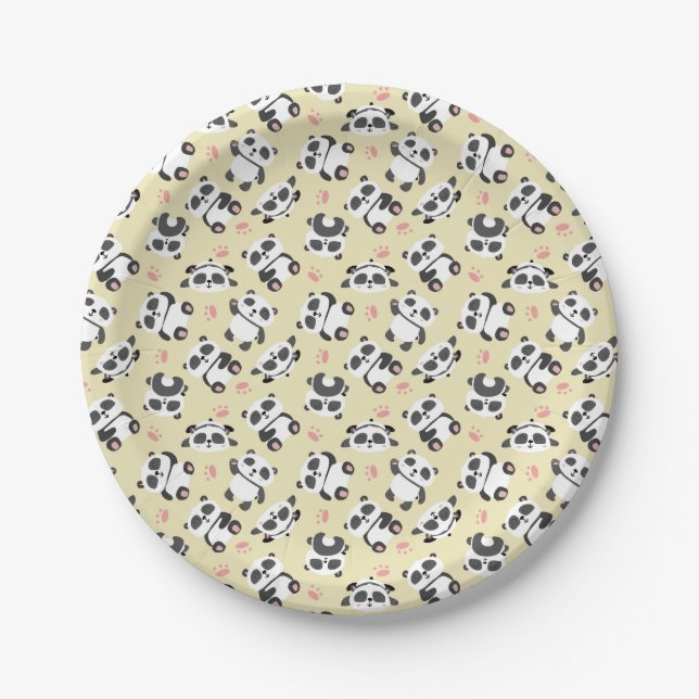 Prato De Papel Fundo de creme com pegada de urso panda fofo (Frente)