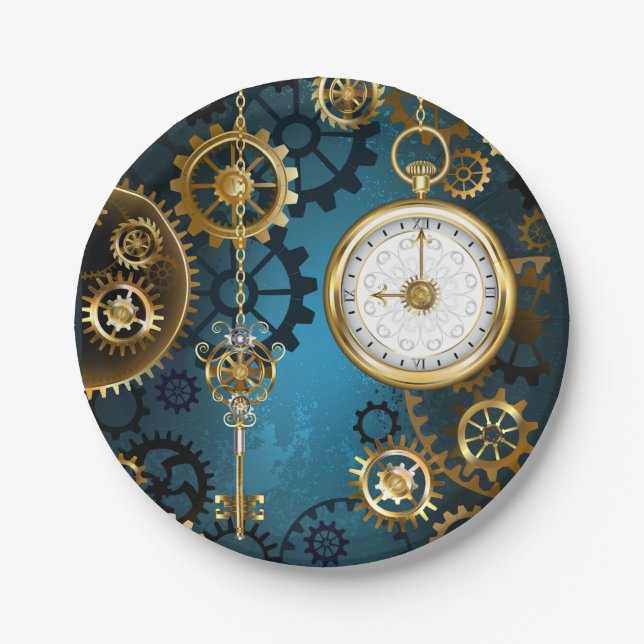 Prato De Papel Fundo de turquesa Steampun com engrenagens (Frente)