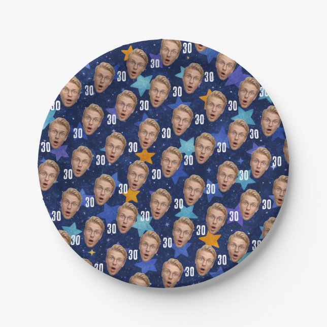 Prato De Papel Funny Face Personalized Photo Blue Party (Frente)