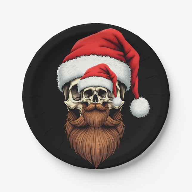 Prato De Papel Funny Hipster Santa Skull Face With Hat Beard Chri (Frente)