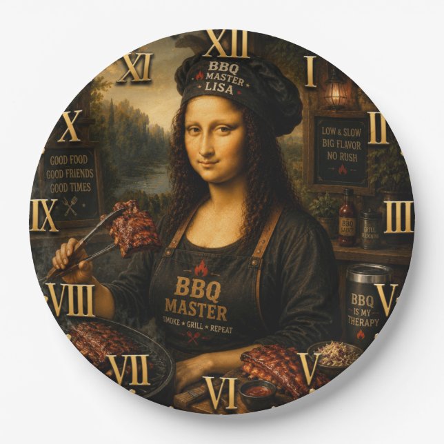 Prato De Papel Funny Mona Lisa BBQ Master Barbecue Grill Decor (Frente)