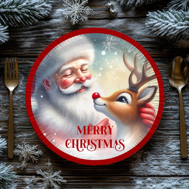 Prato De Papel Funny Santa Rudolph Cartoon Kids Party Plates (Funny Santa Rudolph Cartoon Kids Party Plates)
