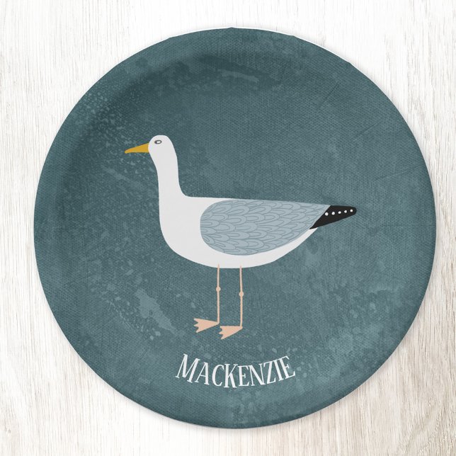Prato De Papel Gaivota Personalizada Náutica (Fun Seagull personalized paper plates)