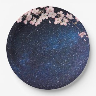 Prato De Papel Galáxia Azul Nightsky e Noivado do Flor de Cereja