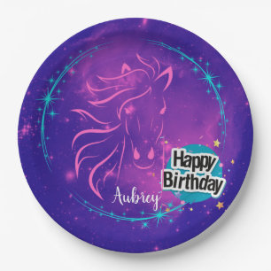 Prato De Papel Galáxia Cavalo Feliz Aniversário Personalizado