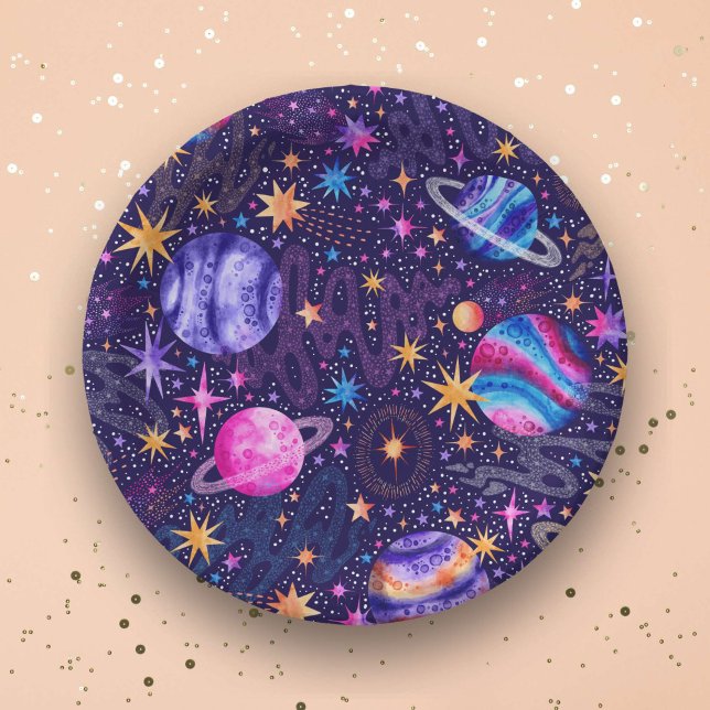 Prato De Papel Galáxia do espaço externo com planetas cometas e e (Outer space Galaxy with Planets Comets and Stars Paper PlatesOuter space Galaxy with Planets Comets)