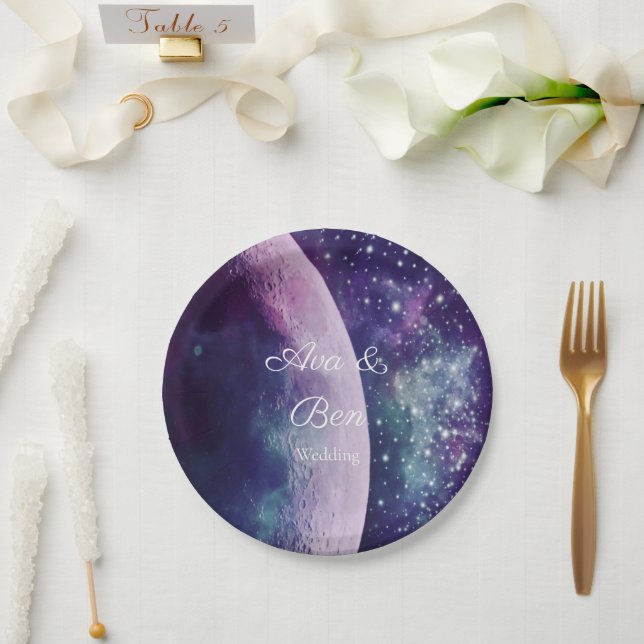 Prato De Papel Galáxia Roxa Celestial Casamento Lua (Casamento)