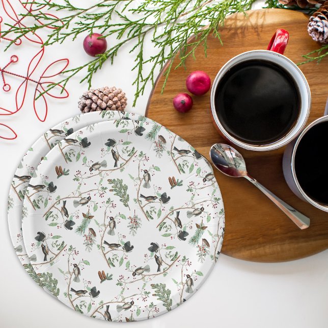 Prato De Papel Galinhas Berries & Pinecones Watercolor (Chickadee Birds Berries & Pinecones Watercolor Paper Plates)