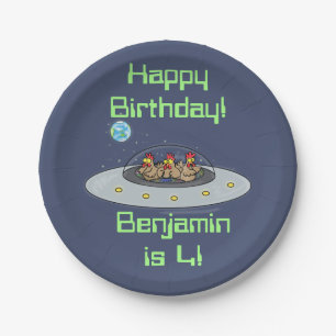 Prato De Papel Galinhas engraçadas em cartoon espaçonave