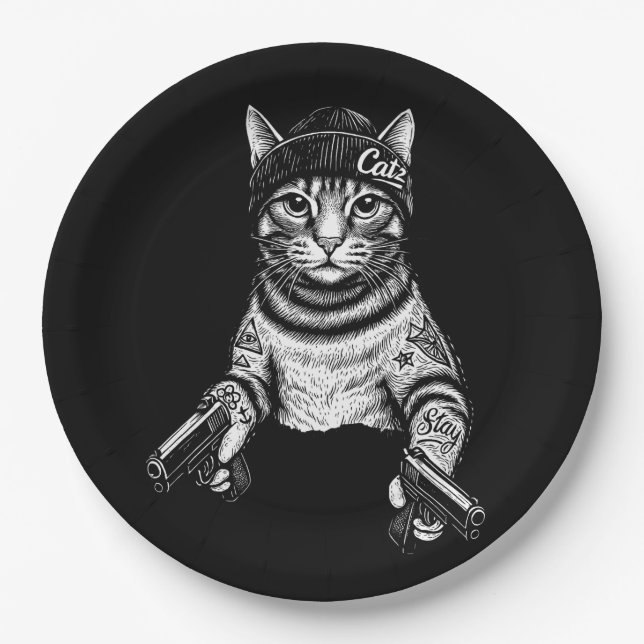 Prato De Papel Gangster Cat Tattoo Art | Cool Streetwear Kitty (Frente)