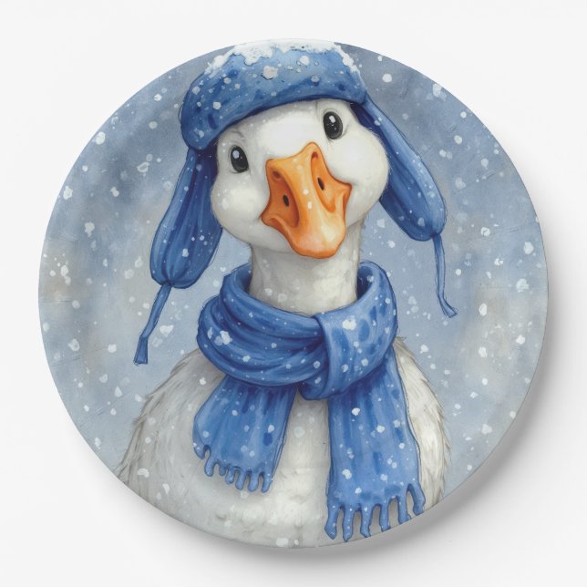 Prato De Papel Ganso Branco de Natal com Cachecol Azul (Frente)