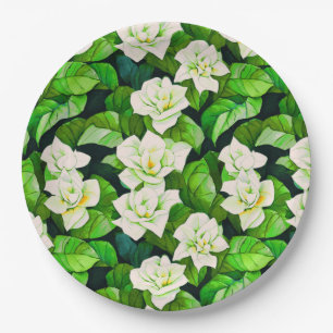 Prato De Papel Gardenias brancas e folhas verdes de jade