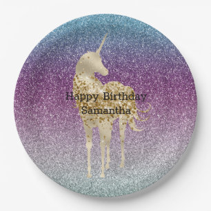 Prato De Papel Garota Aqua Purple Mint Glitter ombre Unicorn
