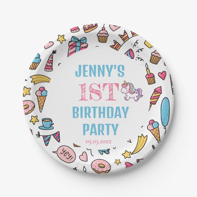 Prato De Papel Garota Bonita Unicórnio Qualquer Festa de aniversá (Frente)