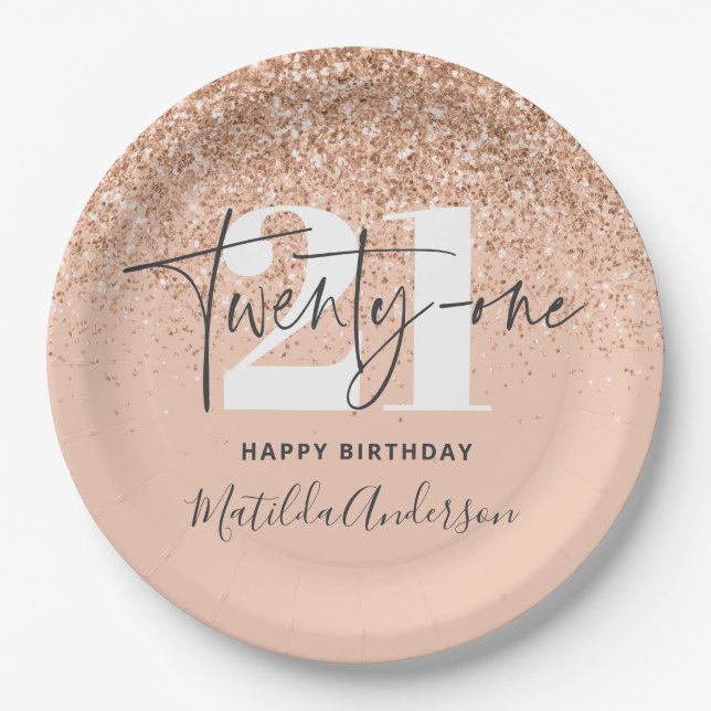Prato De Papel Garota brilhando moderna aniversário de 21 anos (Frente)