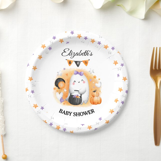 Prato De Papel Garota Chá de fraldas de Halloween (Halloween Baby Shower Girl Little Boo Paper Plates)
