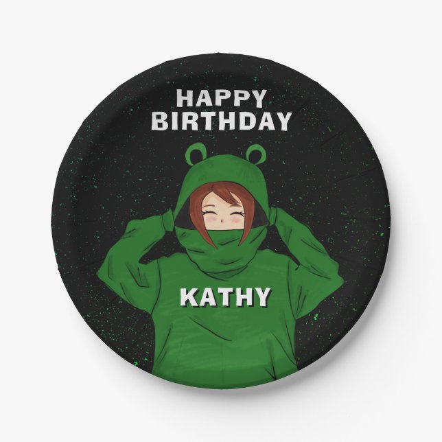 Prato De Papel Garota com Sapo Verde Desenho Sangrento Aniversári (Frente)