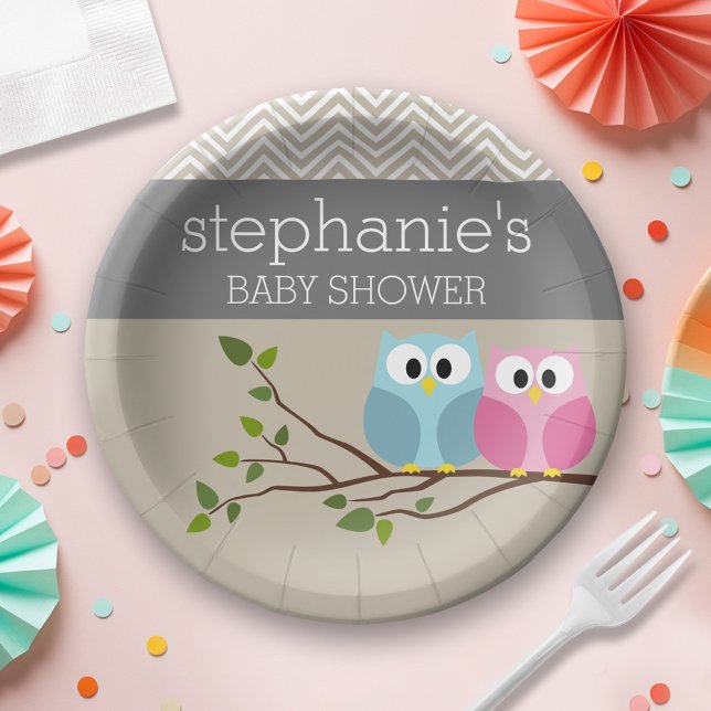 Prato De Papel Garota-coruja ou Chá de revelação (Personalized Baby Shower Plates - Cute Woodland Owl)