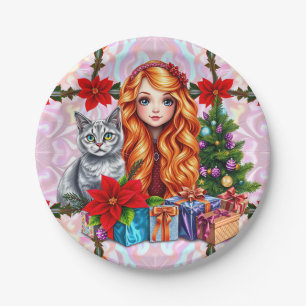 Prato De Papel GAROTA DE NATAL E GATO - Bonito
