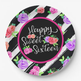 Prato De Papel Garota de Sweet 16 Rosas e Listras Modernas Edgy A