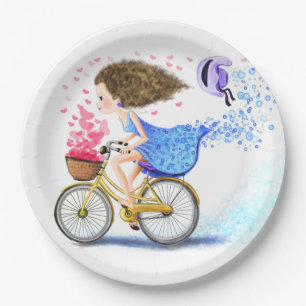 Prato De Papel Garota Feliz Em Uma Bicicleta - Corações Românt