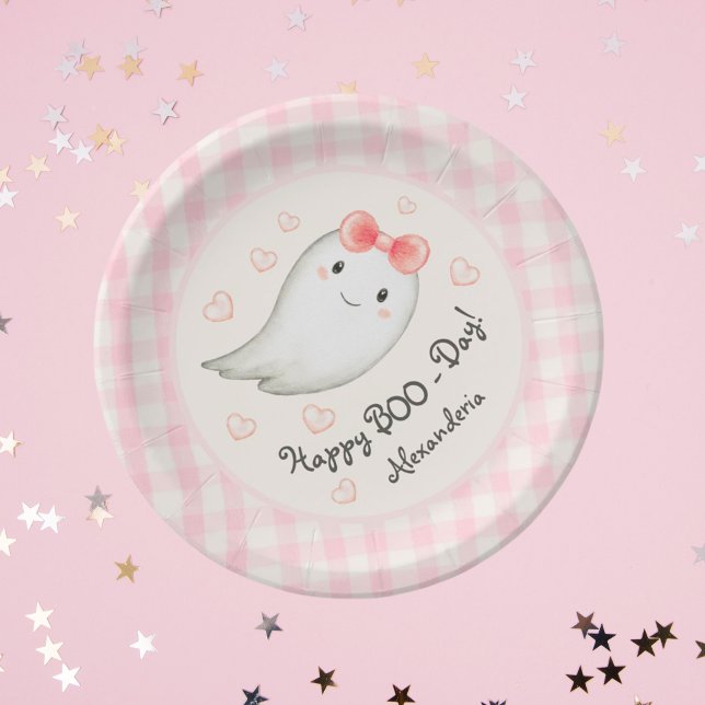 Prato De Papel Garota Festa de aniversário Rosa Fantasma (Happy Boo-Day! Birthday Girl Birthday Party Plates. Personalize Name)