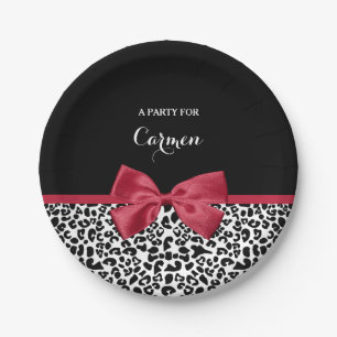 Prato De Papel Garota Leopard Imprime Fita Vermelha Brilhante Com